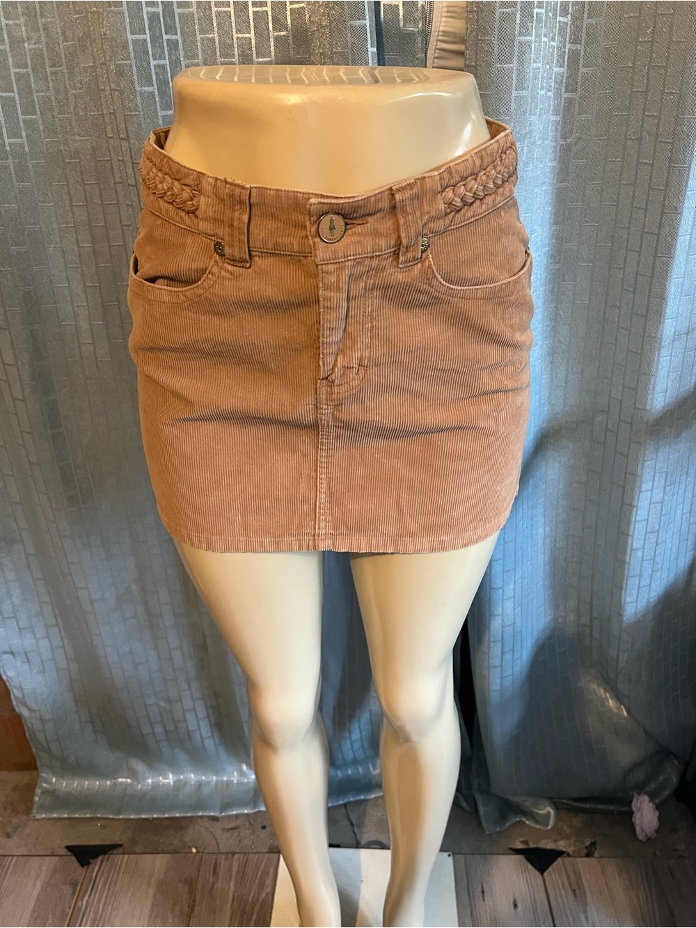 Braided Waist Corduroy Mini Skirt - Tan/Camel